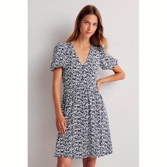 Boden Floral Stretch Jersey Mini Dress in Navy & White w/Keyhole Back - 10 Tall - Picture 3 of 5